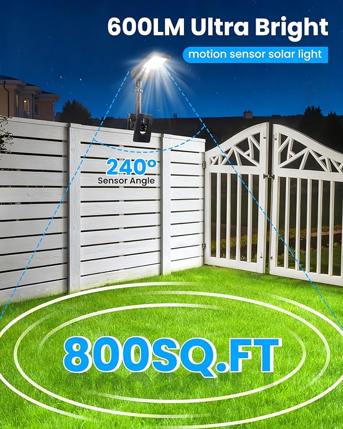 Clip on Solar Lights for Fence,1-Second Install Solar Fence Lights Outdoor, 360° Adjustable, 60 LEDs 600LM Motion Sensor Security Light for Fence, Yard, Deck, Camping(4 Pack)