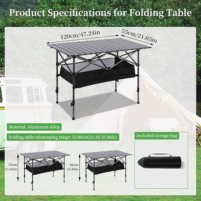 Adjustable Height Aluminum Folding Camping Table，Folding Grill Table，for Outdoor, Camping, Beach, BBQ, Patio, and Picnic, Durable & Waterproof with Carrying Bag(Large-Size)
