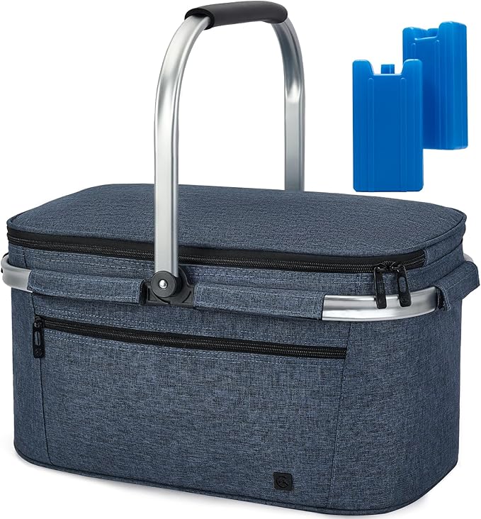 ALLCAMP Picnic Basket - 2 Ice Box Included 32L Insulated Cooler, Thickening Foldable Picnic Basket with Removable Baskets & Sewn-in Frame, Basket for House Warming Gifts New Home(Blue)