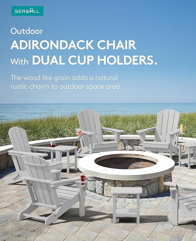 SERWALL Adirondack Chair with Cup Holders - Composite Adirondack Chairs Set of 8 HDPE Outdoor Chairs All Weather Use- Silver Gray