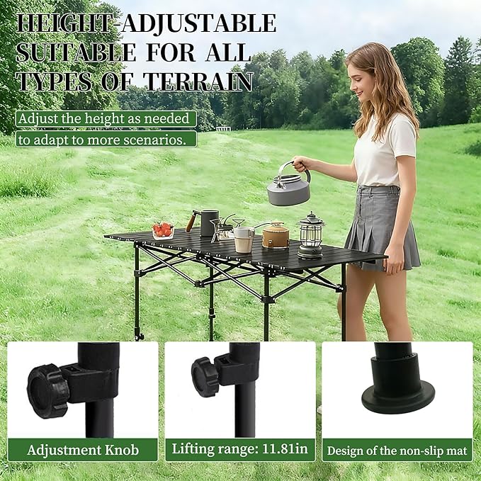 Adjustable Height Aluminum Folding Camping Table，Folding Grill Table，for Outdoor, Camping, Beach, BBQ, Patio, and Picnic, Durable & Waterproof with Carrying Bag(Large-Size)