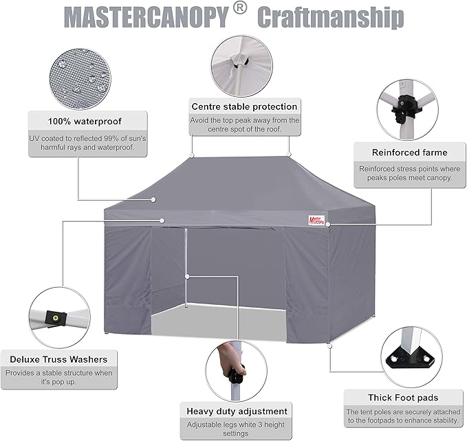 MASTERCANOPY Heavy Duty Pop-up Canopy Tent with Sidewalls (10x15,Gray)