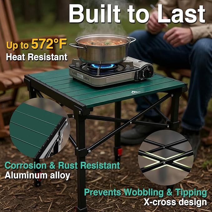 Portable Camping Table with Adjustable Height, Lightweight Aluminum Roll Top Folding Camp Table with Storage Pockets & Dual-Compartment Bag, Heat-Resistant, for RV, Picnic, BBQ, Outdoor (M)