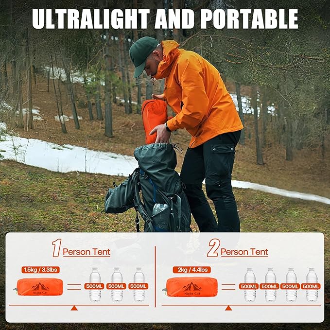 Night Cat Ultralight Tunnel Tent: Waterproof Lightweight Two People Backpacking Tent for Outdoor Camping Hiking Treeking with Double Layers Aluminum Poles and Footprint