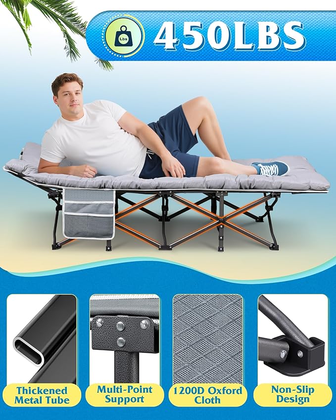 WLIVE 1200D Double Layer Oxford Camping Cots with Mattress for Adults, Foldable Cot for Sleeping, Outdoor Camping Bed with Carry Bag for Resting, Camping, Greige