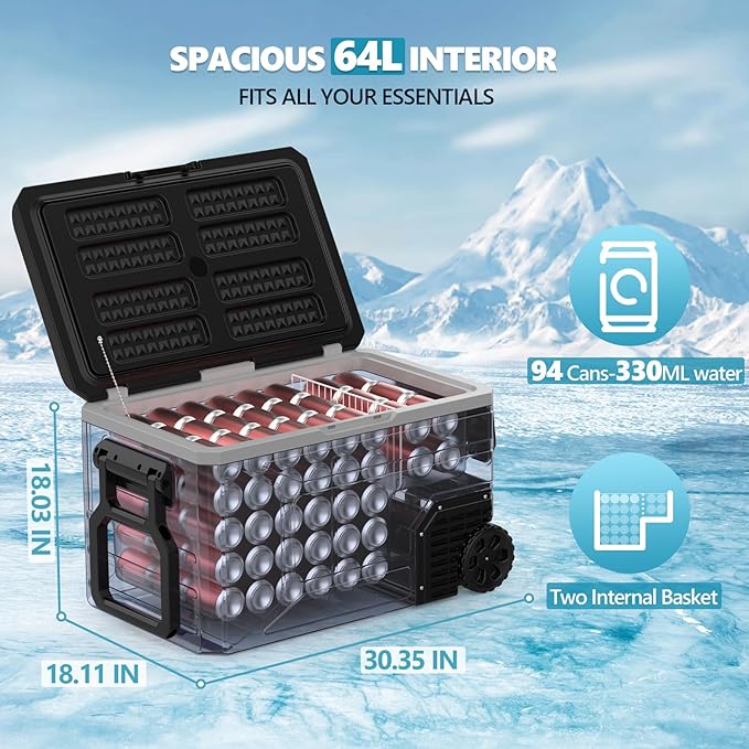 Kndko 12 Volt Car Refrigerator, 68 Quart (64L) Dual Zone Electric Cooler, Fast Cooling Portable Fridge 12V/24V DC 100-240V AC, -4℉~68℉, 12v cooler with Wheels & 2 Baskets for Camping, Road Trip, Truck