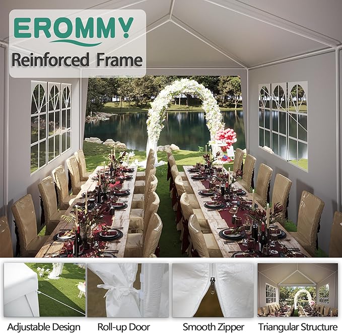 EROMMY 10x30FT Outdoor Party Tent, White Waterproof Event Canopy with 6 Removable Sidewalls & 2 Zipper Doors for Wedding, Birthday, BBQ, and Holiday Celebrations