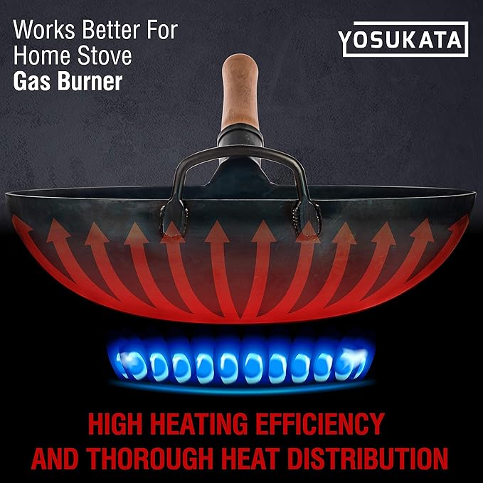 YOSUKATA 14” Round Bottom Carbon Steel Wok Pan – Blue Pre-Seasoned Pow Wok for Stir Fry, BBQ & Camping – Traditional Japanese & Chinese Cookware – Compatible with Gas Stoves & Open Fire Only