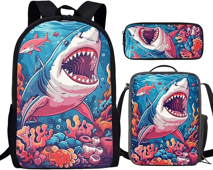 3PCS Cartoon Seaweed Shark Backpack for Boys 17 Inch Large Capacity Boys Bookbag 10-12 Years Old Lightweight Teens School Bag with Lunch Bag for School Travel Hiking Daypack
