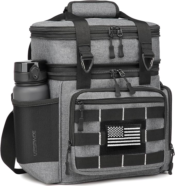 Tactical Lunch Box for Men - Large Expandable Insulated Lunch Bag, Double Deck Cooler Bag Mens Lunchbox for Work, Camping, Beach, Picnic, Hiking & Outdoor Shifts, 16L, Black+Gray