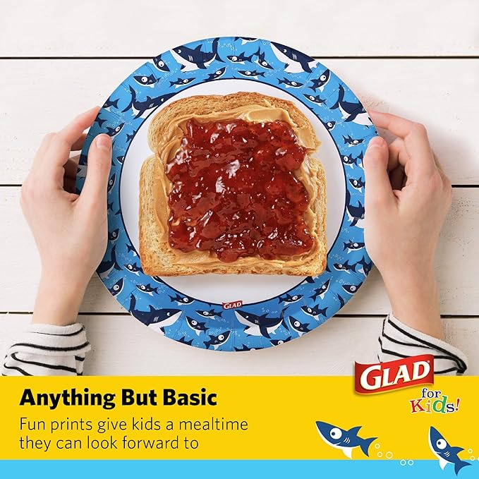 Glad for Kids 8.5 Inch Round Paper Plates, Cute Sharks Design, Heavy Duty Cut-Resistant and Soak-Proof Disposable Plates, Microwavable Kids Tableware for Meals, Parties, Snacks, 20 Count