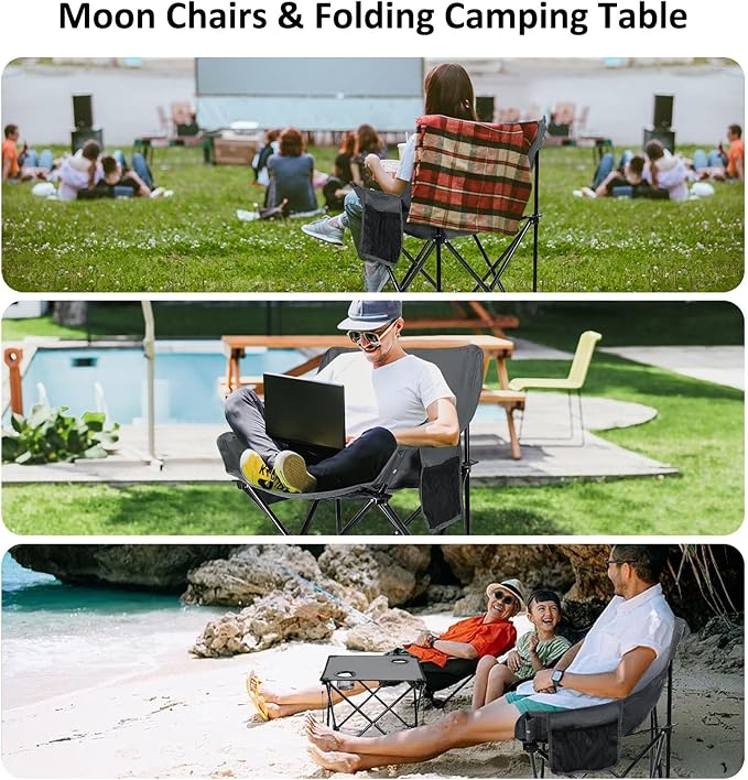 Leonyo Portable Camping Chairs for Adults, 2 Pcs Oversized Lawn Chair with Folding Camping Table for Beach, Picnic, Outdoor Sports, Fishing, Rv Travel – Grey
