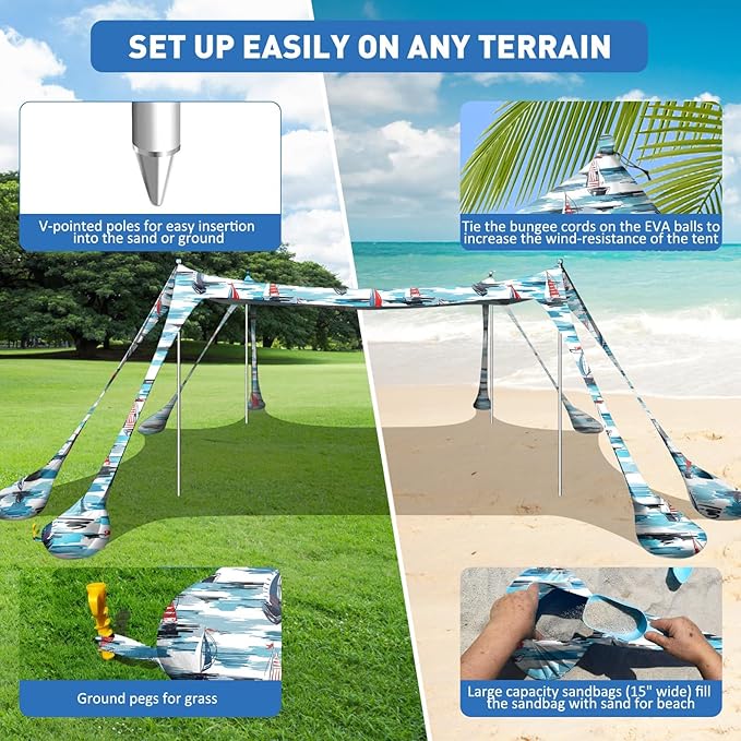 Beach Tent Sun Shelter 10x10ft Beach Canopy Easy Pop Up Sun Shade Portable UPF50+ with 8 Sandbags-2 Sand Shovel-4 Aluminum Poles-Ground Pegs for Outdoor Family Camping Fishing Backyard Picnic