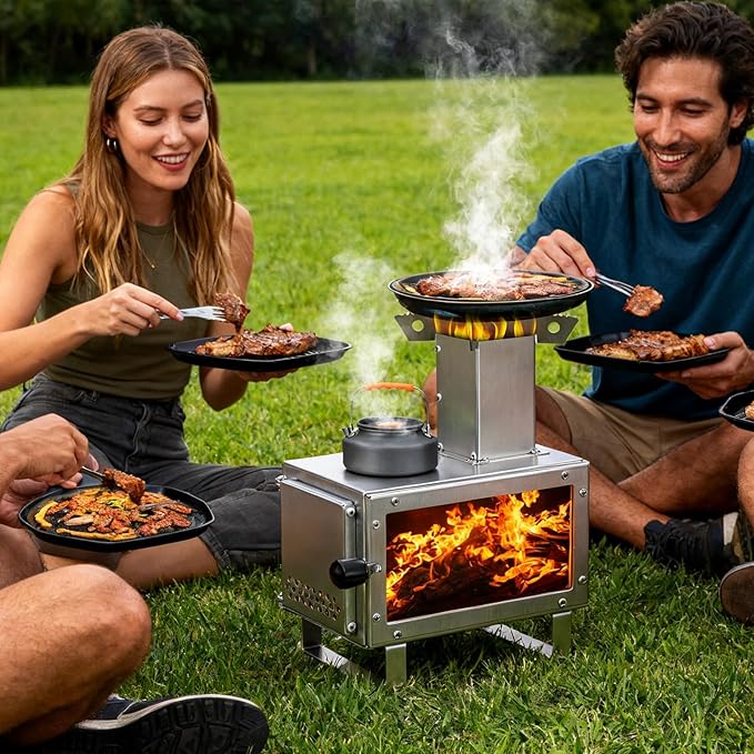 Camping Stove for Hot Tents, LAMA 304 Stainless Steel Wood Burning Stove with Stainless Wall Chimney Pipes for Tents, Shelter, Outdoor Portable Stove for Camping Heating and Cooking