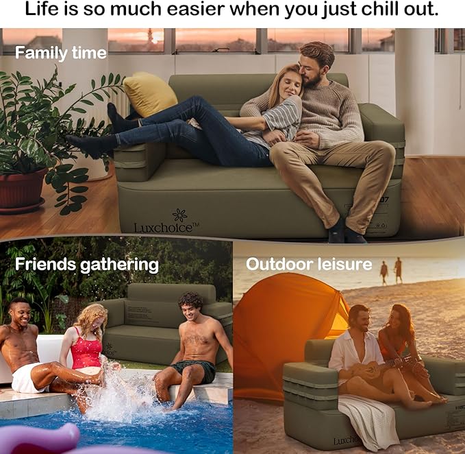 Inflatable Couch Multifunctional Durable Inflatable Sofa with Built in Pump Inflatable Furniture Portable Blow Up Couch for Camping Backyard Outdoor Glamping Inflatable Chair Movie Loveseat | Auto Cordless Pump, Easy inflation, Puncture Resistant, Port...