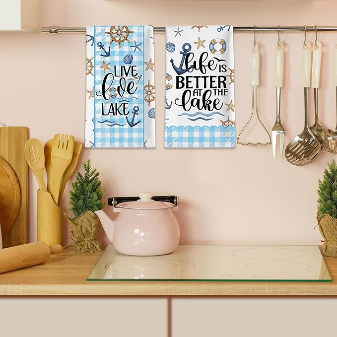 Lake House Decor, Lake House Gifts for Women, Summer Buffalo Plaid Kitchen Towels Sets 2 Pack, Life is Better at the Lake Dish Towels for Housewarming Birthday Mothers Day Christmas, 18x26 Inches