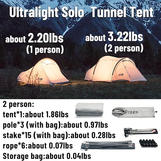 Naturehike 2.2lb/3.2lb Ultralight Backpacking Tent - 1/2 Person Waterproof Tunnel Tent with Lightweight Aluminum Pole, Easy Setup One Man Tent for Camping, Backpacking, Hiking, Hunting