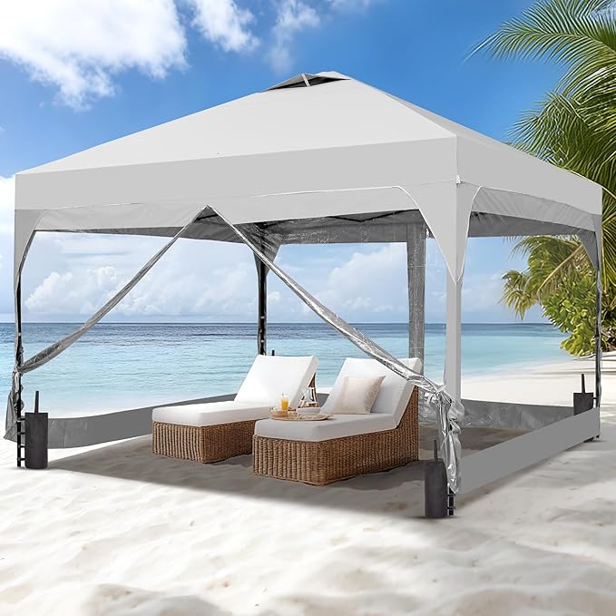 GDY 10x10 FT Pop Up Canopy Tent with One Push Setup,Setup Gazebo with 4 PVC Transparent Sidewalls,Easy Carry for Events, Parties, Camping, White.