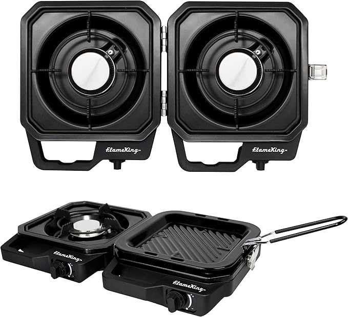 Flame King CampactCooker, Dual Burner Propane Camping Stove with Detachable Grill, Portable Foldable Cooking Stove 12,000 BTU, for Camping, Patio, Emergency, Hiking (Black)