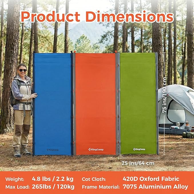 KingCamp Ultralight Camping Cot, Portable Folding Tent Camping Cot, 265 Lbs Heavy Duty Sleeping Cot with Pillow for Adults Outdoor Backpacking Travel Hiking, Orange