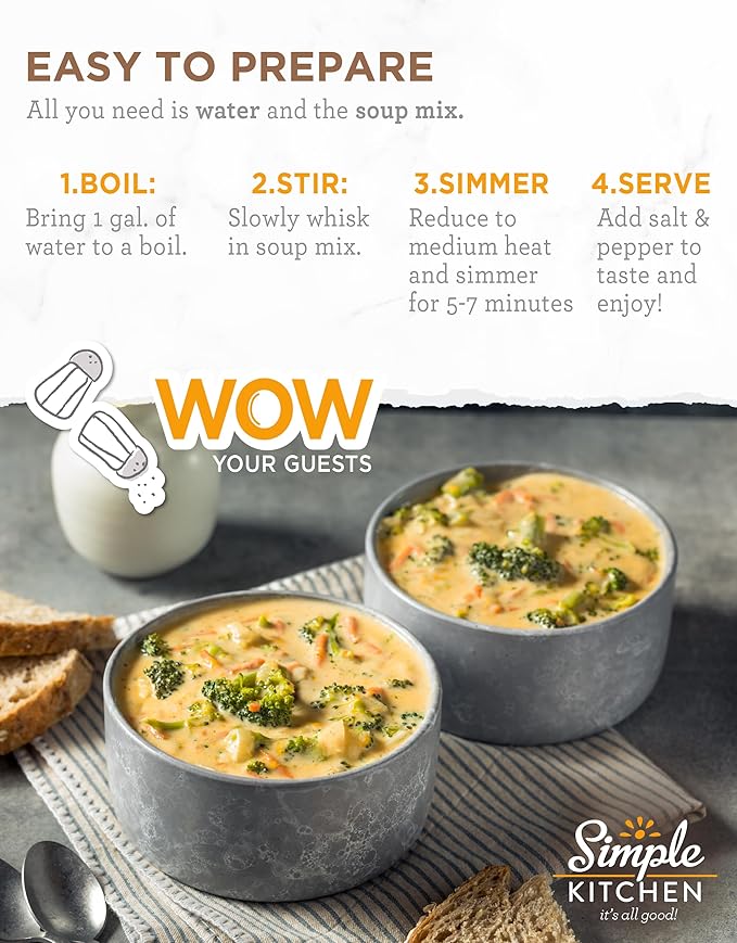 Simple Kitchen Broccoli Cheese Soup Mix - 17 Servings for Meal Prep, Vegetarian, Gluten Free & Freeze Dried Broccoli Cheddar Soup, Canned Food for Camping Meals & Hiking, Survival Kit, Pack of 4