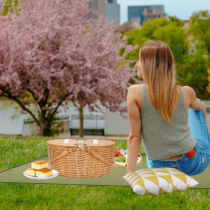 ZORMY 15" Cooler Picnic Basket with Blanket, Wooden Split Lid Picnic Basket, Vintage-Style Wicker Picnic Hamper with Folding Woven Handle for Picnic, Camping