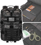 MOLLE Assault Pack, Tactical Backpack Military Army Camping Rucksack, 3-Day Pack Trip w/USA Flag Patch, D-Rings, Black Camo