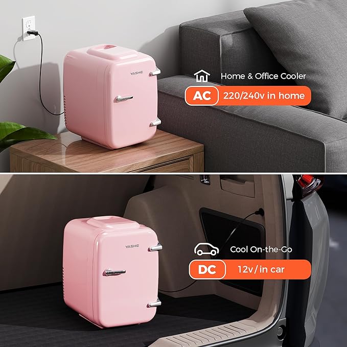 Mini Fridge, 4 Liter/6 Can Mini Makeup Fridge, 110V AC/ 12V DC Portable Thermoelectric Cooler&Warmer for Skincare, Drink, Cosmetic, Medicine, Small fridge for Bedroom, Office, Dorm, Car, Pink