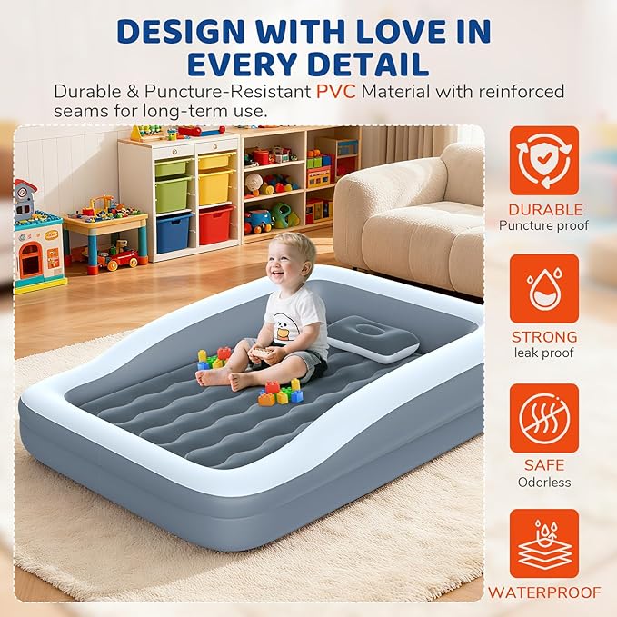 Inflatable Toddler Travel Bed - 64 Inches Grey Kids Air Mattress with Safety Sides & Fast Electric Pump - Portable Toddler Bed for Travel & Camping & Sleeping with Carry Bag