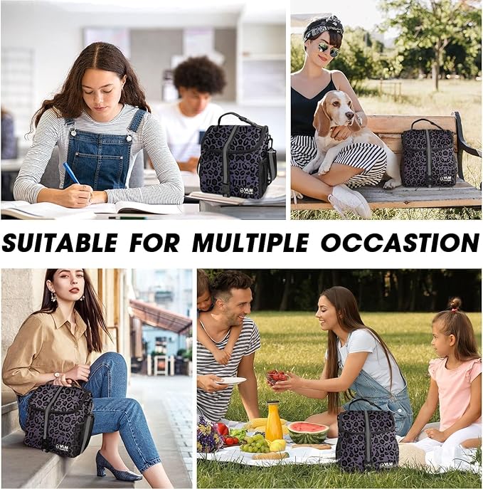 VLM Lunch Bags for Women,Leakproof Insulated Floral Lunch Box with Adjustable Shoulder Strap Reusable Zipper Cooler Tote Bag for Work,Picnic,Camping Leopard-Purple