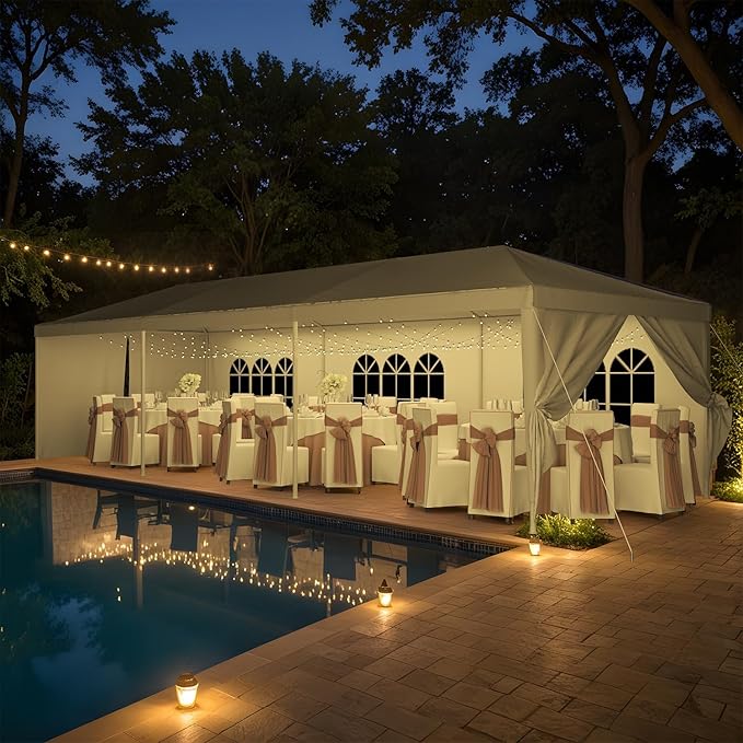 Flamaker 10'x30' Heavy Duty Waterproof Party Tent – Large Outdoor Gazebo with Removable Sidewalls & 2 Doors for Weddings, Markets & Gatherings (White)