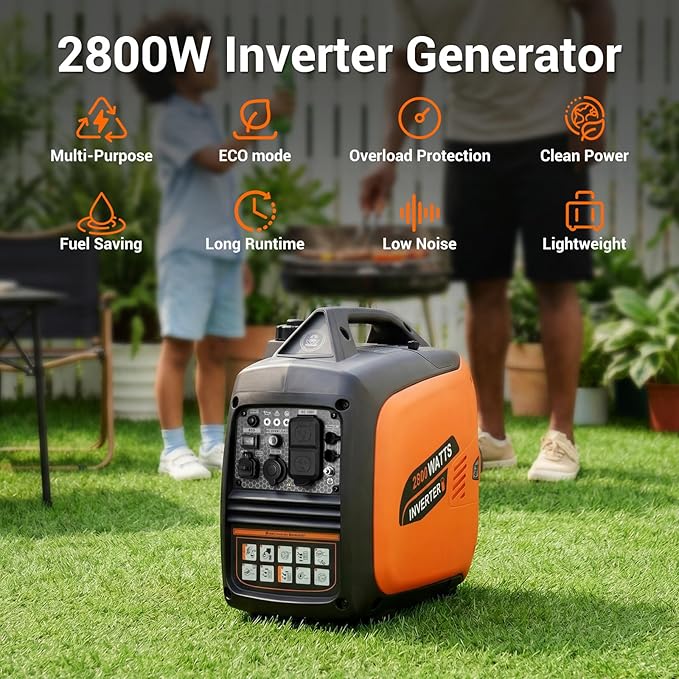 2800-Watts Portable Inverter Generator, Gas Generators for Home Use, Camping, Super Quiet Emergency Home Backup, with Fuel Shut Off, 1.1Gal Fuel Tank, 39Lbs, EPA Compliant