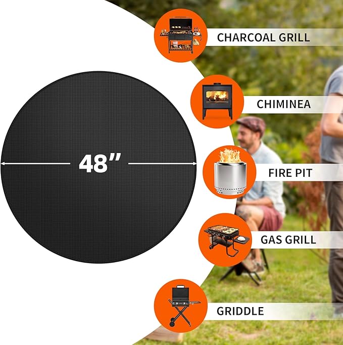 48" Round Fire Pit Mat for Solo Stove Bonfire – Heavy-Duty Fireproof Fiberglass, Double-Sided 1050°F Heat/Spark Shield – Reusable, Oil-Proof & Easy Clean for Lawn/Patio/Camping