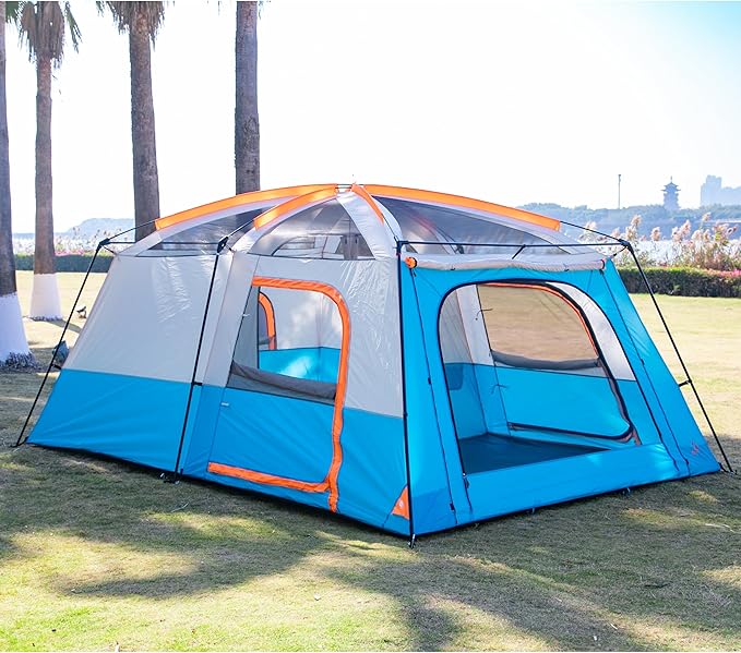 KTT Extra Large Tent 10-12-14 Person(B),Family Cabin Tents,2 Rooms,3 Doors and 3 Windows with Mesh,Straight Wall,Waterproof,Double Layer,Big Tent for Outdoor,Picnic,Camping,Family Gathering