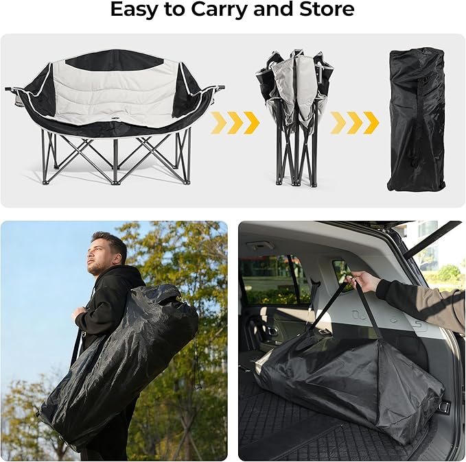 Double Camping Chairs,Oversized Foldable Camping Chairs with Cup Holders Heavy Duty Loveseat Couch for Adults Suitable for Indoor Outdoor Beach Support 600 lbs（Black/White）