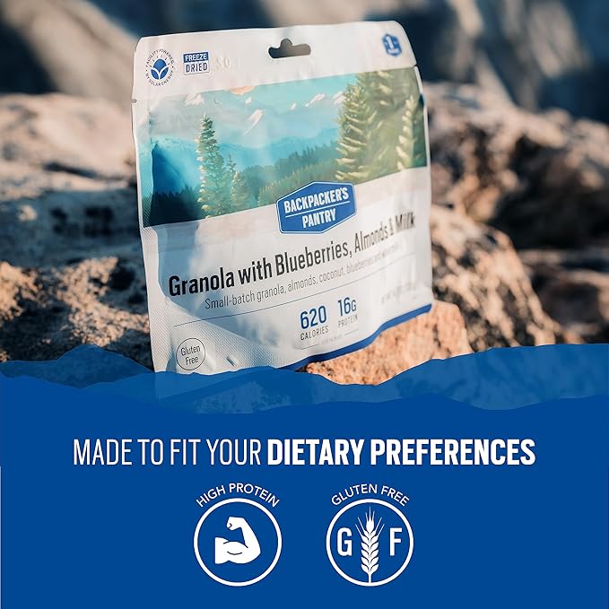 Backpacker's Pantry Granola with Blueberries Almonds & Milk - Freeze Dried Backpacking & Camping Food - Emergency Food - 16 Grams of Protein, Vegetarian