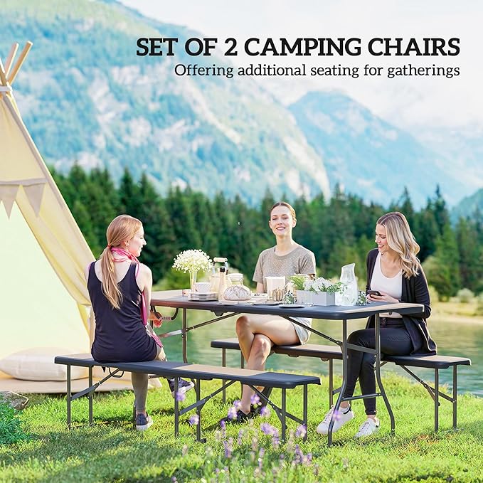 Outsunny 2-Pack 6 Ft. Plastic Folding Benches, Portable Foldable Bench Seats with Carrying Handle, Non-Slip Mat, HDPE Tabletop, Picnic Benches for Camping Dining Picnic BBQ Sports, Black