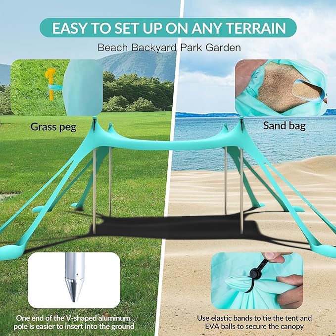 Gardentime Beach Tent Canopy with 8 Sandbags 4 Aluminum Poles, Pop Up Portable Camping Sun Shelter, Easy Set Up with 2 Sand Shovel, Ground Pegs, Carrying Bag for Outdoor Beach,Picnic, Fishing