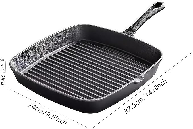 Cast Iron Grill Pan, 9.5 inch Square Grill Pan Skillet with Pour Spout, Cast Iron Griddle Pan with Small Meat Tong, Oil Brush & Hemp Rope for Stove Tops, Gas, Induction, Grill, Campfire, Oven Safe