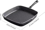 Cast Iron Grill Pan, 9.5 inch Square Grill Pan Skillet with Pour Spout, Cast Iron Griddle Pan with Small Meat Tong, Oil Brush & Hemp Rope for Stove Tops, Gas, Induction, Grill, Campfire, Oven Safe