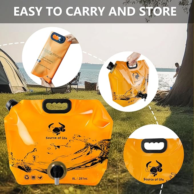 Collapsible 8L Water Storage Bag, BPA-Free Portable Folding Water Jug with Adjustable Faucet, Leakproof Emergency Water Bag for Camping, Hiking, Riding, Outdoor Sport (2, Blue & Orange)