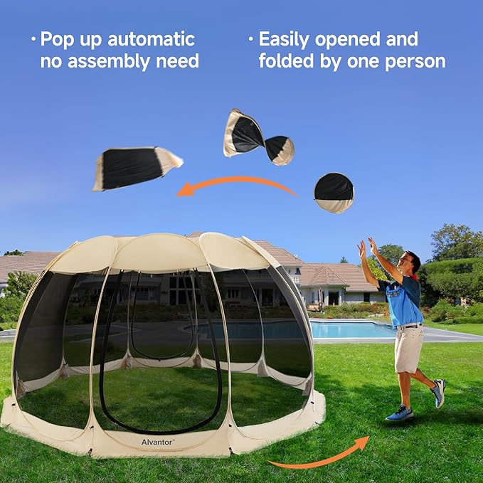 Alvantor Pop Up Screen House Gazebo with Mosquito Netting, Instant UV Resistant Sun Shelter for Patio & Backyard, Portable Canopy Tent for 2-10 Person