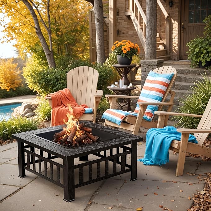 Greesum Multifunctional Patio Fire Pit Table, 32in Square Metal BBQ Firepit Stove Backyard Garden Fireplace with Spark Screen Lid and Rain Cover for Camping, Bonfire and Picnic, Silver