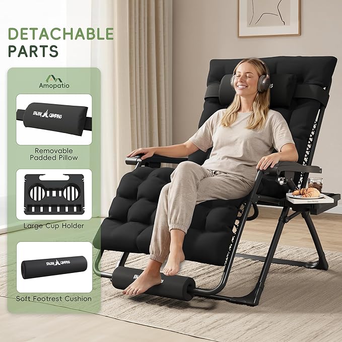 Amopatio Oversized Zero Gravity Chair, 33''W Reclining Camping Lounge Chair Upgraded Lock and Footrest, Cup Holder, Removable Cushion & Headrest Folding Patio Recliner for Indoor Outdoor