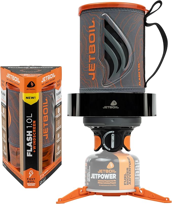 Jetboil Flash 1.0L Portable Fast Boil Stove with WindGuard for Camping and Backpacking, 1-Step Auto Ignition, New for 2026, Propane/Isobutane Burner, Topo