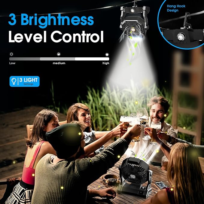 Camping Fan with LED Lantern, 20000 mAh 9 Inch Portable Rechargeable Battery Powered Fan with Stepless Speed and Quiet Battery Operated for Tent, Picnic, Barbecue, Fishing, Travel, Home