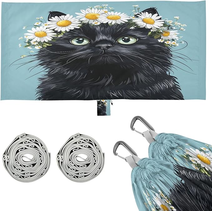 Cute Cat White Daisies Camping Hammock Single Portable Hammocks 330 lbs Capacity with 2 Tree Straps and Attached Carry Bag,Perfect for Outdoor,Indoor,Beach,Camping,Travel