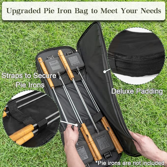 Deluxe Pie Iron Bag for Mountain Pie Maker Cast Iron Storage Fits up to 4, Heavy Duty Padding with Extra Pocket for Campfire Accessories, Strong Straps to Secure, Camping Storage Bag 32×12in