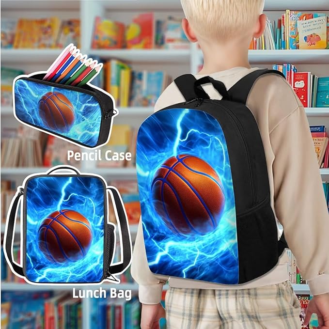 Kids School Backpack Boys Basketball Backpack with Lunch Box Soft Pencil Case for Boys Kindergarten Elementary Middle Bookbag Set for 17 Inch Mochilas Escolares Para Niños