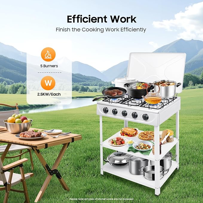 5 Burner Propane Gas Stove Outdoor Kitchen Grill Outdoor Cooking Stove with Support Leg Stand and Wind Blocking Cover Propane Burners for Outdoor Cooking, RV Travel, Apartment (White)